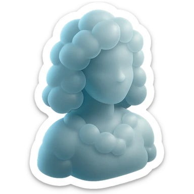 person looking straight ahead, composed entirely of bright, convex clouds, shoulder length, matte glass style sticker