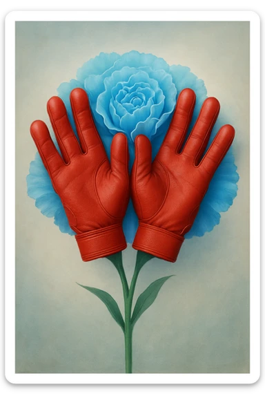 A creative arrangement of two red batting gloves, palms outward, resembling a blue carnation blossom. sticker