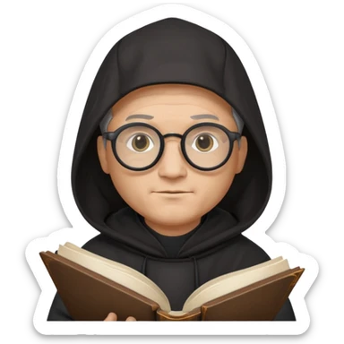 Monk priest prayer black habit with hood round black glasses done light brown wavy hair under hood remove the medallion smaller more round glassed age 46 no necklace more oval face hand holding book that says RB 480 top left is great add a little hair brown gray under hood  sticker