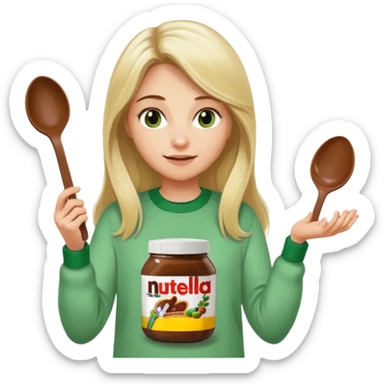Blond woman with white and green pullover holds in one hand a big carriage of Nutella and in the other hand a oversized spoon which is inside the jar of Nutella. Her hair is long. And the Nutella jar is very big sticker