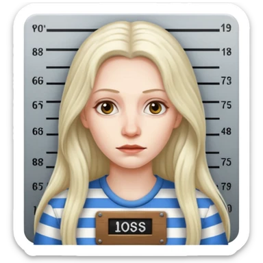 prisoner long haired woman mug shot with bg sticker