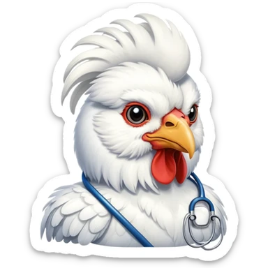 A White Silkie Bantam rooster wearing a doctor's stethoscope. The head feathers look like a large fluffy wig. sticker