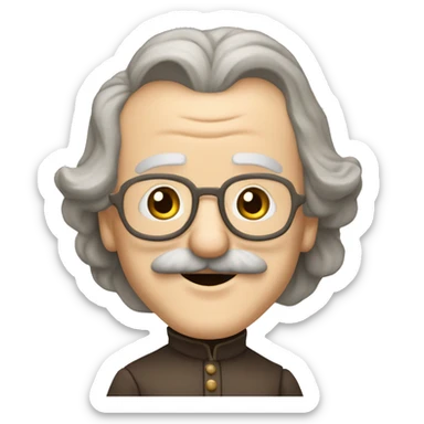 Short pudgy old man over enthusiastic happy excited face bald forehead long wavy gray and brown brunette long wavy hair moustache Shakespearean dress vintage clothes hamlet sticker