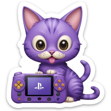 purple cat with huge eyes smelly lines and their massive brown tongue out also a playstation next to it and an ostrich on its back realistic sticker