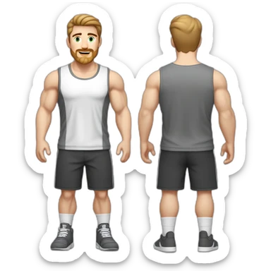 Full height Pale skinned fit man With biceps, Realistic eyes and mouth, light brown hair and stubble In dark gray sleeveless mike, black oversize sports shorts, watch and white sneakers. sticker