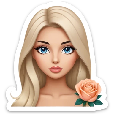 Glamours, tanned, very beautiful girl, with big pump peach-beige-rose lips, long long lashes, black straight smooth silky long hair, straight parting hair, blue-grey eyes sticker