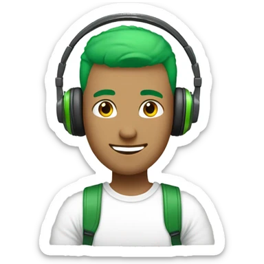 green haired man with a green hair buzz cut with headphones on his head with a white tee shirt  sticker
