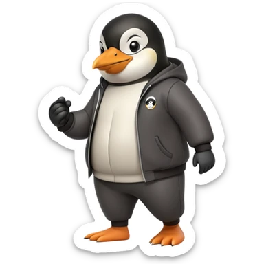 friendly anthropomorphised penguin wearing a mafia-style tracksuit, secretive scheming pose, soprano vibe, angry expression, walking quickly with a tense hurried stride, holding a knuckle duster sticker