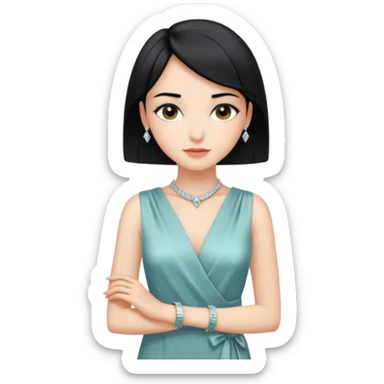 emoji of a young elegant lady, short straight black hair, wearing a silk wrap dress and diamond bracelet, gentle expression sticker