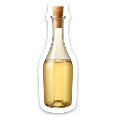 upright glass bottle with pale golden white wine vinegar, slightly tall, smooth curved shape, narrow neck, simple beige cork or cap, clear liquid with warm tint, no label or branding, soft lighting, subtle shadows, emoji scale sticker