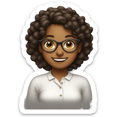Brown girl, with dark curly hair, wearing glasses and has a big smile, she looks very happy, she has a white shirt on sticker