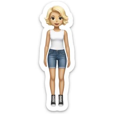 A blonde girl with short hair wearing a Shakira lace up croc top and short jeans and high heels  sticker