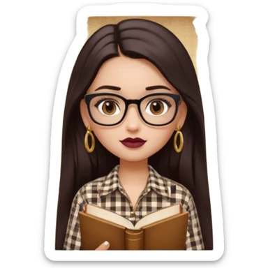 generate a pretty bratz girl with black small square spectacles, dark lipstick, gold stud earrings, a brown gingham shirt, books in hand, dark brown straight long hair, eyeliner on sticker