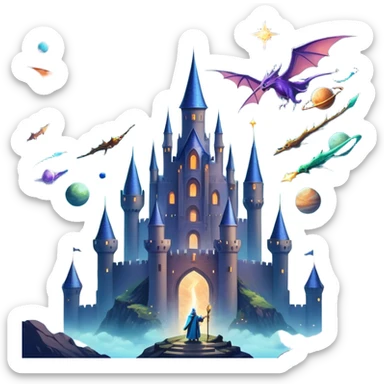 Icon for Fantasy and Sci-Fi Movies: A magical collage with flying dragons and futuristic spaceships. Stars and planets shimmer in the background with a mystical castle and an ancient wizard holding a staff. The atmosphere is epic, otherworldly and adventurous. Transparent background. sticker