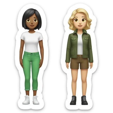 Two light skinned lesbians One has shorts boyish black hair with brown hair and the other has a light brown bob cut with green hair sticker