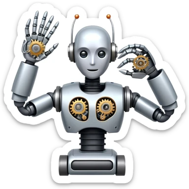 An icon featuring a humanoid robot assembling parts with mechanical arms, a circuit board in its chest, and a conveyor belt in the background. The design includes gears, sensors, and a robotic claw, symbolizing robotics innovation and automation. Transparent background sticker