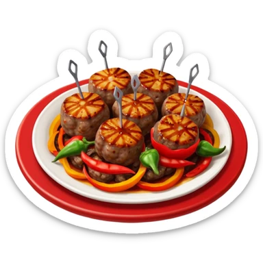 Akçaabat meatballs object icon, grilled Turkish kofte pieces on a plate, smoky char marks, juicy texture, served with grilled peppers and tomatoes, 3D cartoon, mobile game icon style, centered, clean background, no text, no watermark
 sticker