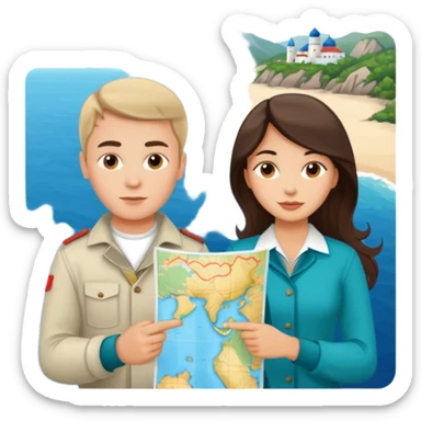 Russian young man and elegant fair-skinned Latina girl in costal outfits with a map planning  sticker