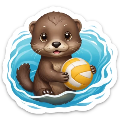 super cute baby otter floating on clearly visible blue water with waves, tiny baby otter with big eyes holding a volleyball with both small paws above water sticker