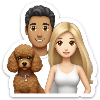 A couple consisting of asian korean man with dark eyes and hair tanned skin and white girl with long straight blonde hair and brown eyes with brown toy poodle sticker