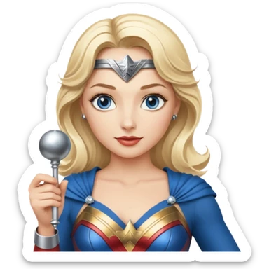 Blonde blue eyes Wonder Woman holding bell and short white orchestra conductor’s baton  sticker