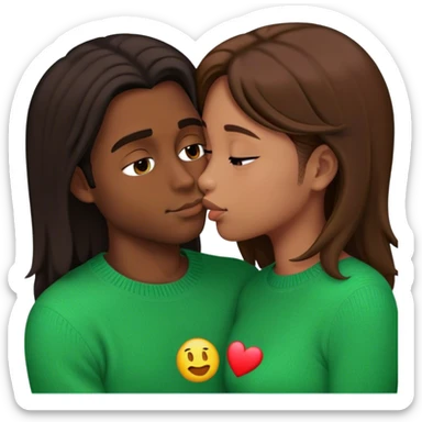 Young guy very slightly dark skin and with black slightly long hair kissing a young woman with brown hair and  green sweater with the emoji made s there is no part that is cut off sticker