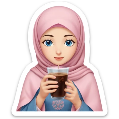 Turkish beautiful finish Konya girl blue eyes with light pink denim hijab islamic dress and had on her hand sakura blossoms in cold brew coffee  sticker