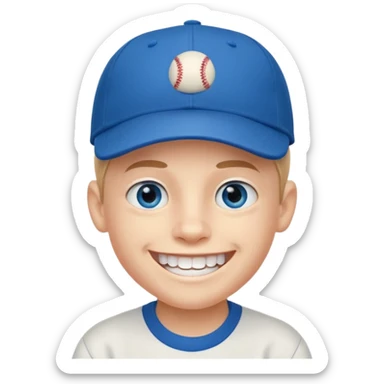 smiling schoolboy with large front teeth and a baseball cap sticker