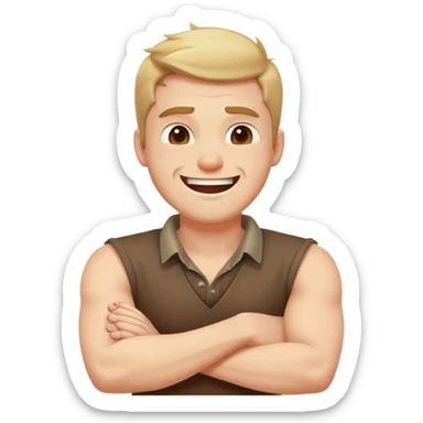 arms crossed holding neck laughing kinda angry guy sticker