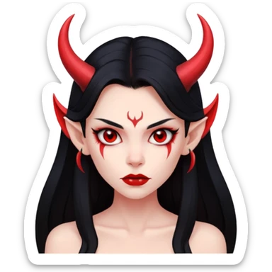 Head only demon girl, strong pronounced cheekbones, sharp angular jawline, skin fully pure red everywhere, long straight sleek black hair, small ho sticker