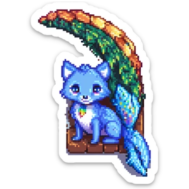 a cute blue fox and a rainbow fish as friends, pixel art style, simple and charming, bright colors sticker