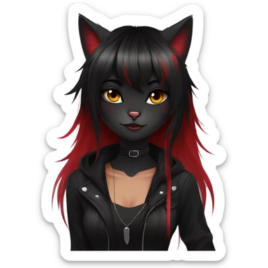 Anthro Edgy Cool Beautiful Black Cat-Fursona with Emo Hair-bangs with Red Streaks sticker