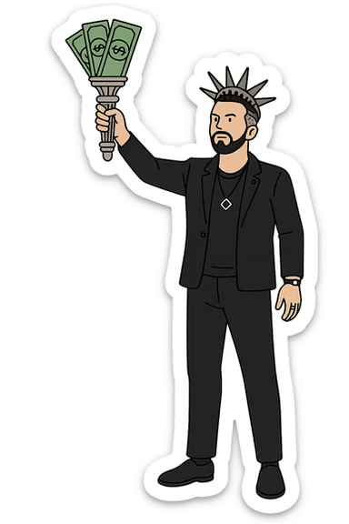 Используя такую стилистику как на картинках сгенерируй героя с фотографии, который в том же костюме стоит в позе Статуи Свободы держит в руках факел, где вместо пламя купюры, прозрачный фон sticker