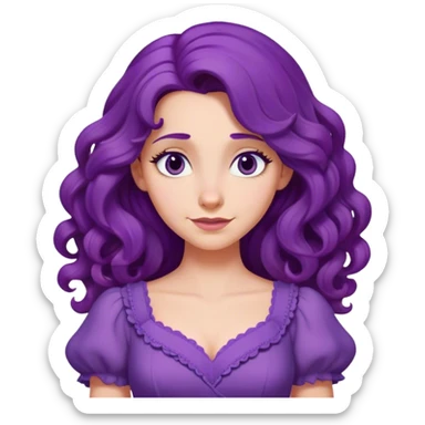 Femme aux cheveux longs et bouclés violets, robe violette, yeux en amande, sourire en coin, style animation Disney sticker
