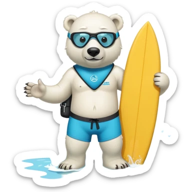 friendly anthropomorphised polar bear standing out of the pool, wearing surf board shorts and a scuba mask with snorkel sticker
