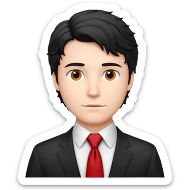 white man in white shirt, having red tie, black wavy sticker