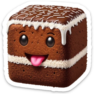 Cinematic Realistic Lamingtons Dessert Emoji, depicted as soft sponge squares coated in chocolate and coconut rendered with mouth‚Äêwatering detail and vibrant lighting. sticker