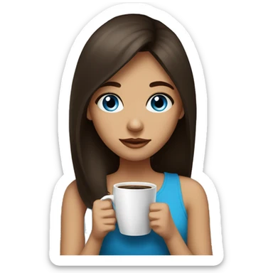 a girl with blue eyes with bangs on dark brown hair drinks coffee sticker