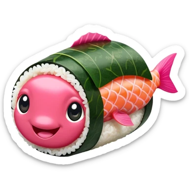 Cute Kawaii Maki Sushi Roll, small and round, wrapped in soft dark green seaweed, tiny grains of rice peeking out, a bright pink fish filling, a cheerful smiling face! sticker