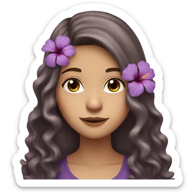 teen white girl with long wavy brown hair and a purple hibiscus flower in her hair sticker