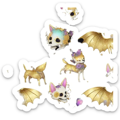 iridescent kintsugi fluffy zombie black brown gold dog fox head zombie skeleton gold mechanical steampunk raven wings nebula galaxy stars colorful flowers fairy lights vintage zombie sticker
