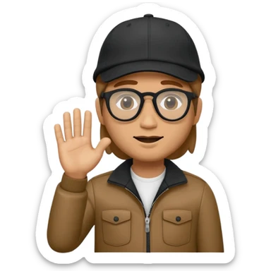 el Memoji es un personaje masculino con cabello castaño, gafas y una gorra blanca. Tiene la mano levantada como si estuviera diciendo "stop" o "espera". sticker