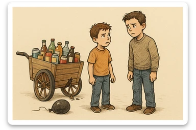 g'ildiragi singan ichimliklar ortilgan arava bir baloni singan uni yonida aka uka havotirli nigoh bilan bir biriga qarab turishibdi sticker