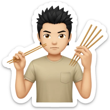 Make it a vietnamese male with spiky black hair holding only ONE pair of chopsticks, t-shirt sticker