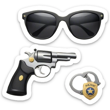 Icon for Action & Crime Reading: an open book, a revolver, handcuffs. Surrounding elements include a dark alley, a police badge, and a pair of sunglasses. The icon should evoke tension, suspense, and action.  Transparent background. sticker