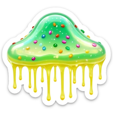Cinematic Realistic Clear Slime Mixed with Sprinkles, ultra-transparent with suspended colorful candy-like specks, light refracting through each tiny piece, soft gelatinous texture catching highlights, stretching and bending in a mesmerizing way, glowing with a magical, almost surreal quality. sticker