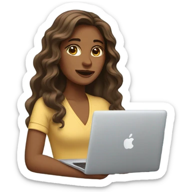 a woman with long wavy hair and brown eyes with macbook sticker