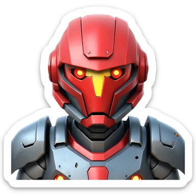 futuristic war robot portrait, head and shoulders only, aggressive design, sharp armor edges, glowing red eyes, battle-damaged helmet faceplate, heavy armor collar, intense dramatic lighting, sci-fi metal textures, 3D cartoon, mobile game icon style, clean background, no text, no watermark
 sticker