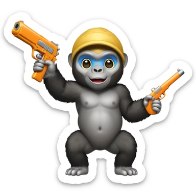 A baby gorilla holding a gun in the air sticker