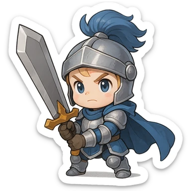 chibi baby knight in blue and silver armor, wielding an oversized sword, heroic and noble expression sticker